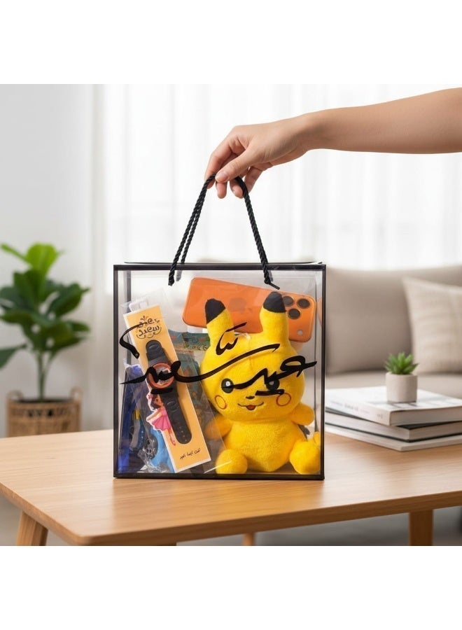 كريتر  صندوق هدايا عيد الفطر للأولاد بعبارة عيد سعيد - مجموعة كاملة للاحتفال بالعيد مكون من لعبة دمية بيكاتشو، إكسسوارات أطفال ممتعة (ساعة، نظارة، ألعاب تفاعلية)، بطاقة تهنئة بالعيد على شكل ايفون برو ماكس 17 ، مجموعة من البالونات برسومات العيد (عساكم من عواده)، سيارة اطفال. - Image 3