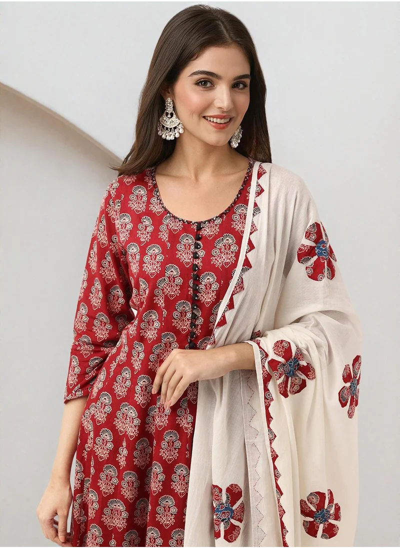 آي شين WOMEN Maroon Cotton Kurta Sets 3pcs sets