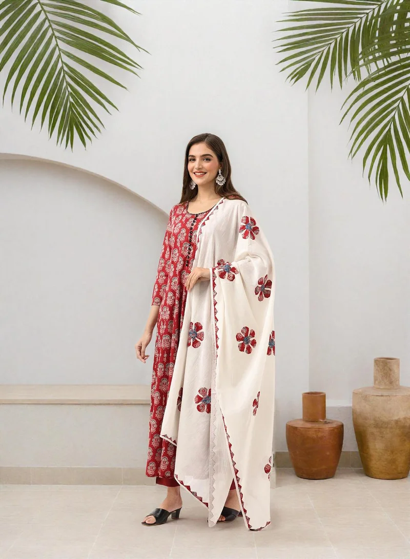 آي شين Women's Maroon 100% Cotton Embellished Tunic Full Length Casual Straight Fit Kurta Set