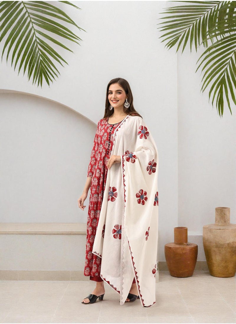 ISHIN Women's Maroon 100% Cotton Embellished Tunic Full Length Casual Straight Fit Kurta Set  - Image 3