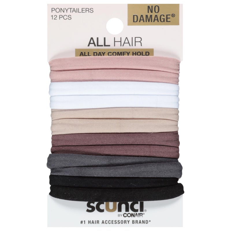 Scunci Everyday & Active Work Out Chill Out Super Stretch Comfy, 12 count Elastics, Black, Plum Pink, Blue, White