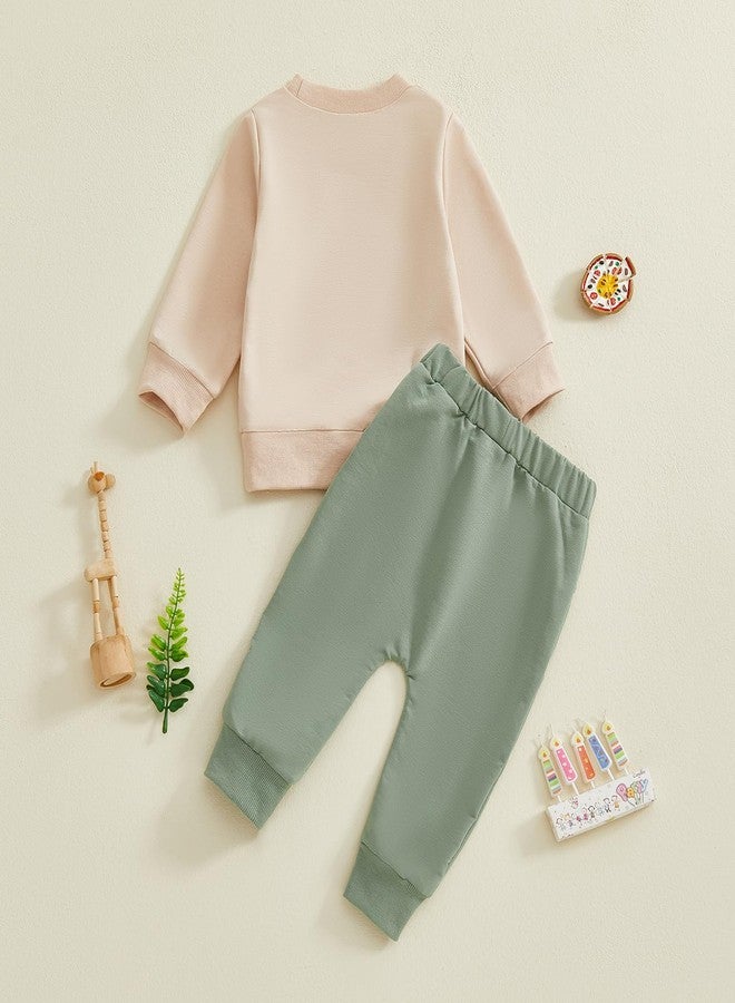 BULINGNA 2Pcs Baby Boy First Birthday Outfit Long Sleeve Wild One Animals Sweatshirt Casual Pants Fall 1st Birthday Clothes (Beige Green, 12-18 Months) - Image 5