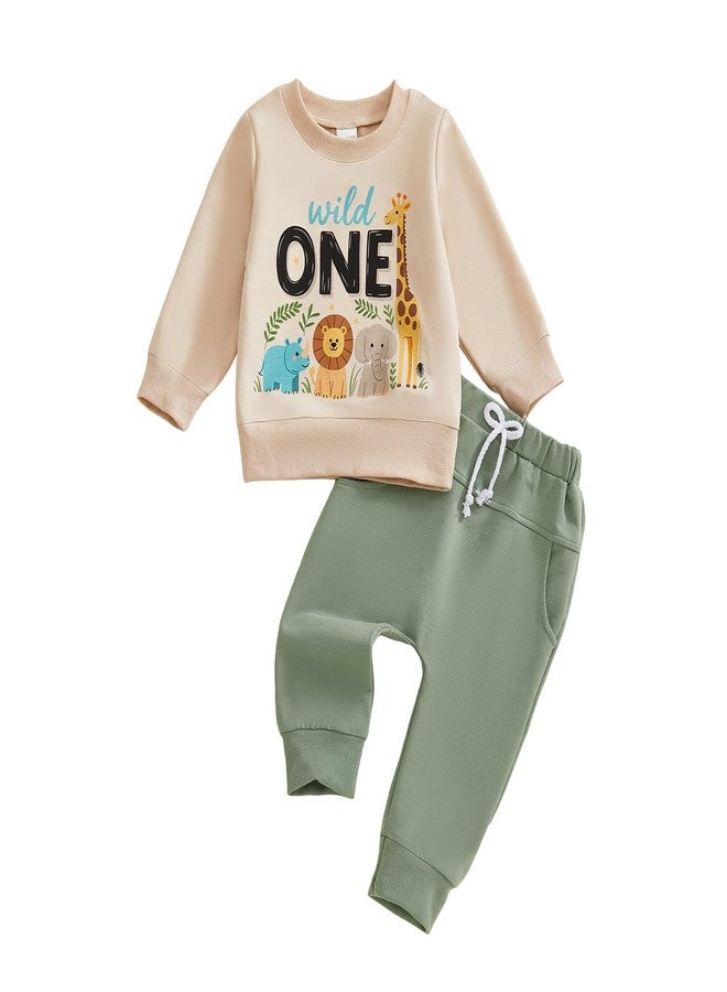 BULINGNA 2Pcs Baby Boy First Birthday Outfit Long Sleeve Wild One Animals Sweatshirt Casual Pants Fall 1st Birthday Clothes (Beige Green, 12-18 Months) - Image 1