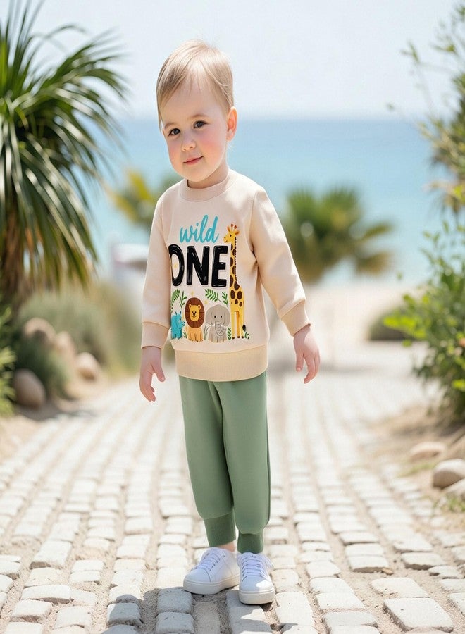 BULINGNA 2Pcs Baby Boy First Birthday Outfit Long Sleeve Wild One Animals Sweatshirt Casual Pants Fall 1st Birthday Clothes (Beige Green, 12-18 Months) - Image 3