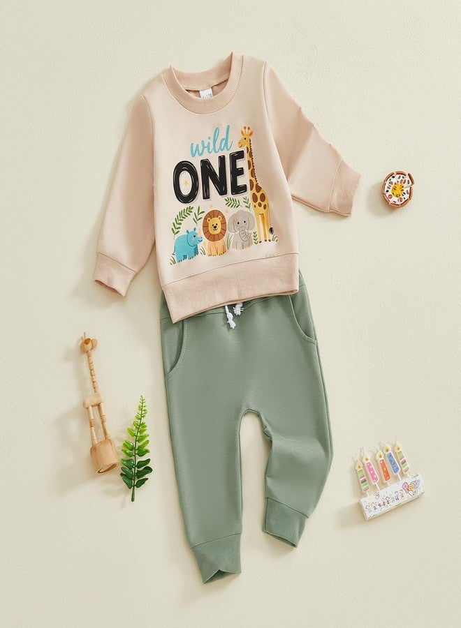 BULINGNA 2Pcs Baby Boy First Birthday Outfit Long Sleeve Wild One Animals Sweatshirt Casual Pants Fall 1st Birthday Clothes (Beige Green, 12-18 Months) - Image 4