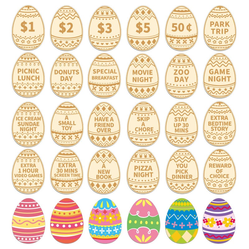Jansun 24PCS Easter Egg Tokens, Easter Egg Fillers Wooden Easter Reward Tokens Coins with 24 Different Engraved Sayings for Unique Family Hunt Activities - Image 1