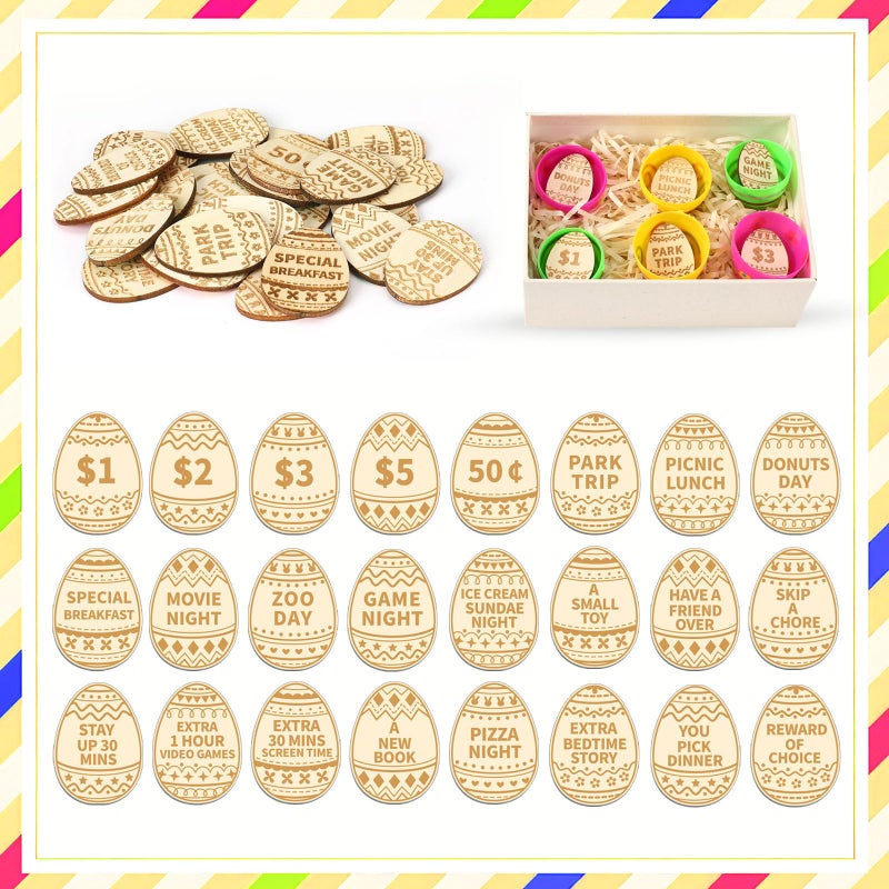 Jansun 24PCS Easter Egg Tokens, Easter Egg Fillers Wooden Easter Reward Tokens Coins with 24 Different Engraved Sayings for Unique Family Hunt Activities - Image 4