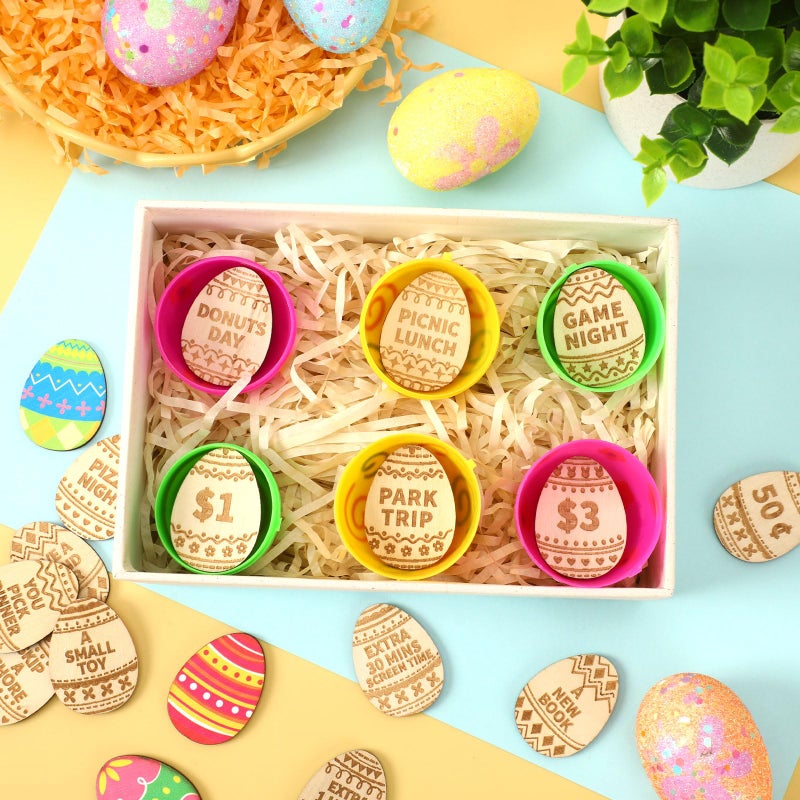 Jansun 24PCS Easter Egg Tokens, Easter Egg Fillers Wooden Easter Reward Tokens Coins with 24 Different Engraved Sayings for Unique Family Hunt Activities - Image 3