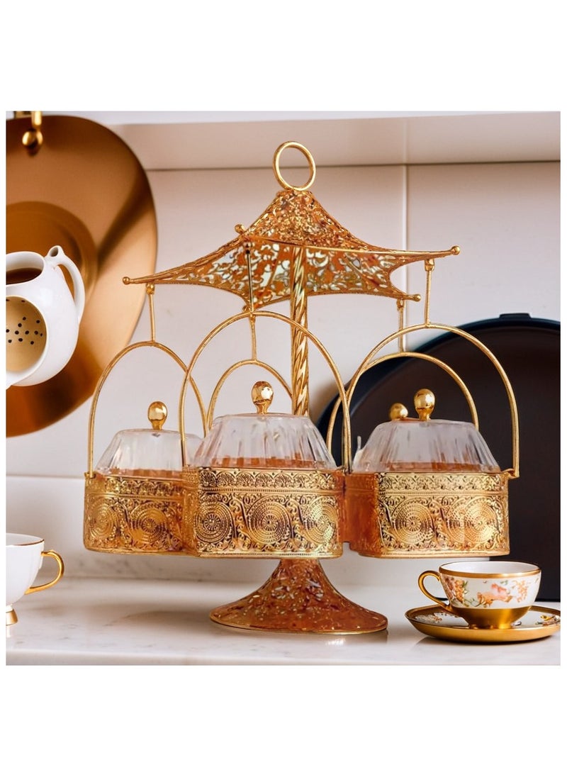 ماركة غير محددة - صينية تقديم مقسمة بـ 4 شبكات مع غطاء مكسرات جافة، حلوى. لون ذهبي - Image 1