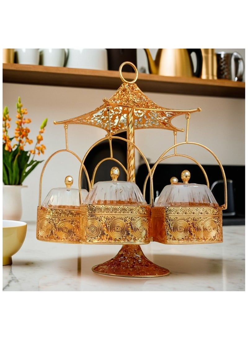 ماركة غير محددة - صينية تقديم مقسمة بـ 4 شبكات مع غطاء مكسرات جافة، حلوى. لون ذهبي - Image 1