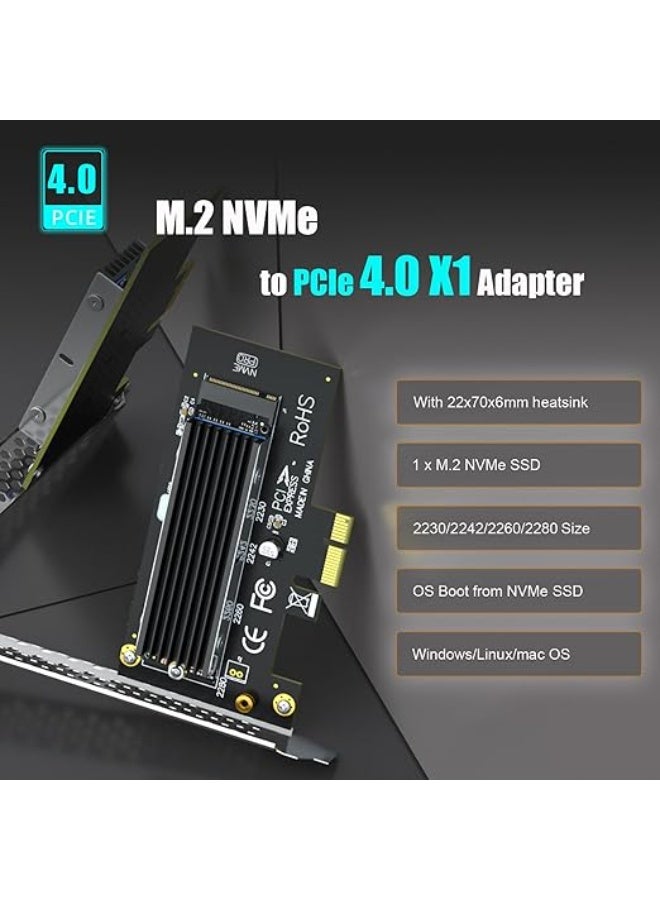 محول M.2 PCIe X1 مع مشتت حراري للـ SSD، يدعم أقراص NVMe PCIe 3.0/4.0، بطاقة توسعة للكمبيوتر المكتبي مع تبريد واستقرار أعلى - Image 2