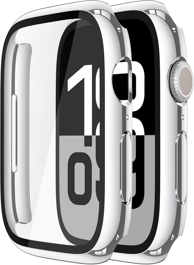 Misxi Pack of 2 Hard PC Protective Cases with Tempered Screen Protector for Apple Watch Series 10 (2024) 46 mm, Ultra Thin Anti-fall Scratch-Resistant Cover Protection for iWatch 1 Silver + 1