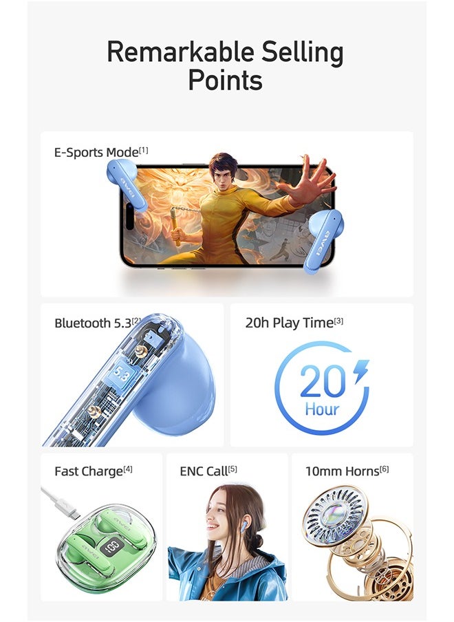Awei - ENC Noise Cancelling Bluetooth Headset, 4 HiFi Stereo Microphones, Gaming Earbuds, Digital Charging Case, Extra Long Battery Life, 10 Minutes Charging, 180 Minutes Music Listening, IPX6 Waterproof. White - Image 1