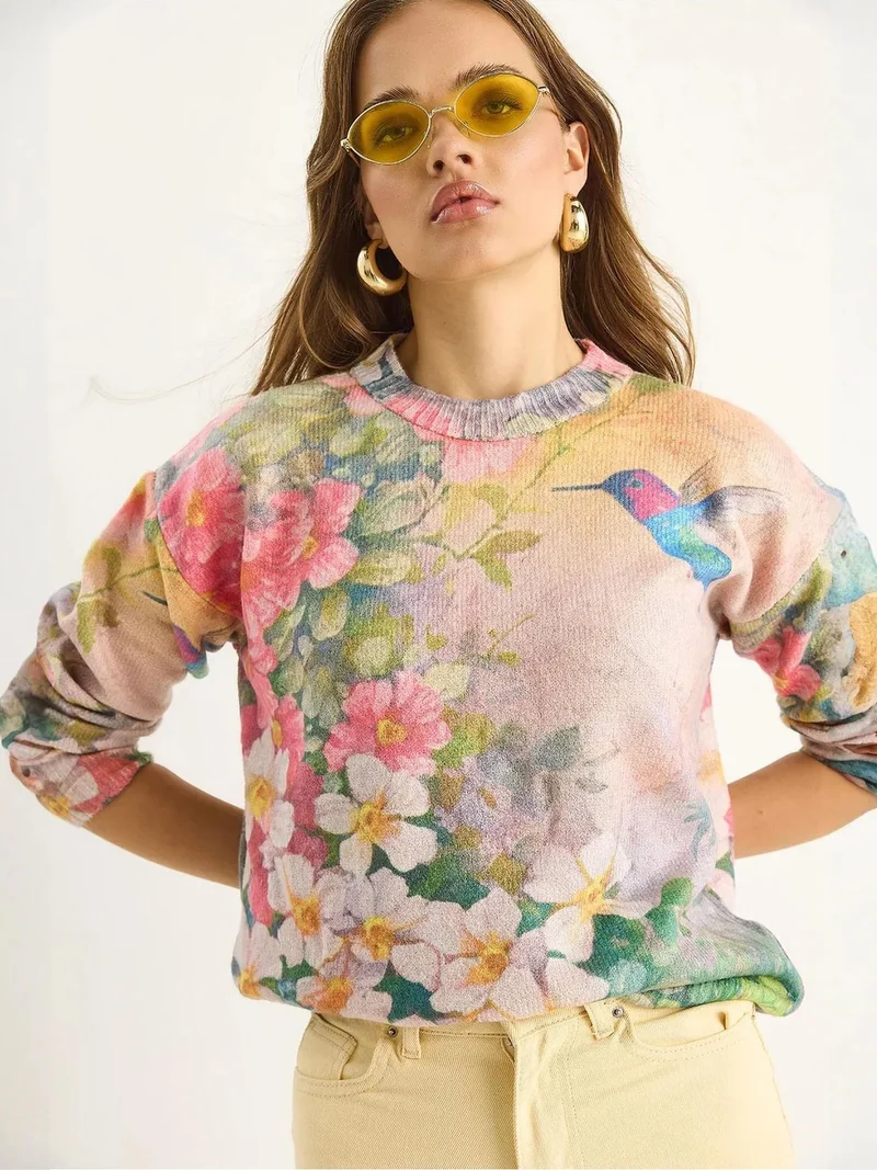 Bianco Lucci LUCCI Pattern Knit Sweater with Crew Neck