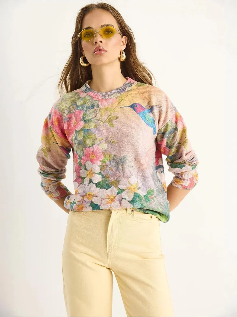 Bianco Lucci LUCCI Pattern Knit Sweater with Crew Neck