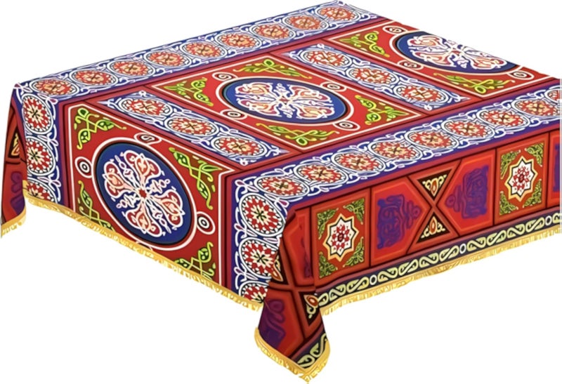 مفرش طاولة رمضاني من قماش الخيامية، مربع الشكل، مصنوع من القطن - 1.5 × 1.5 متر - متعدد الألوان