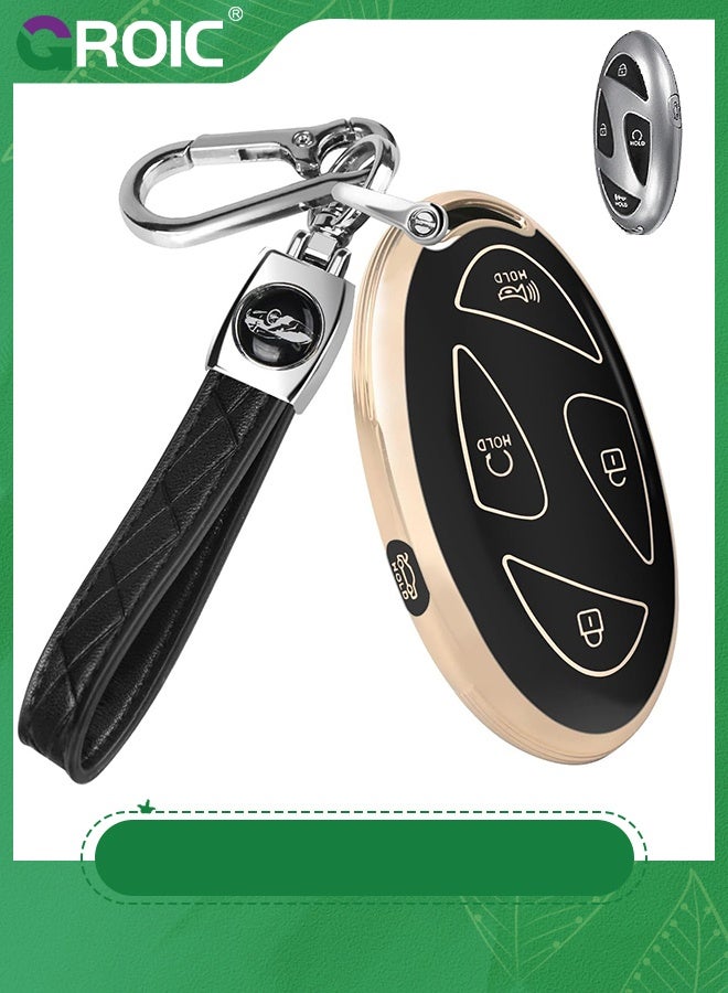 GROIC For Hyundai Key Fob Cover,Soft TPU 360 Degree Car Key Case Protector with Leather Keychain Compatible with Hyundai Grandeur GN7 KONA 2023 2024 Smart 5 Buttons Smart Key(Black) - Image 1