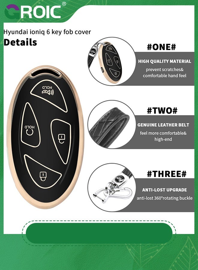 GROIC For Hyundai Key Fob Cover,Soft TPU 360 Degree Car Key Case Protector with Leather Keychain Compatible with Hyundai Grandeur GN7 KONA 2023 2024 Smart 5 Buttons Smart Key(Black) - Image 3