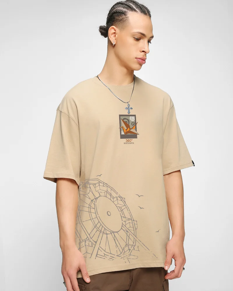 bewakoof Men's Ginger Root Brown 360 Nostalgia Graphic Printed Oversized T-shirt