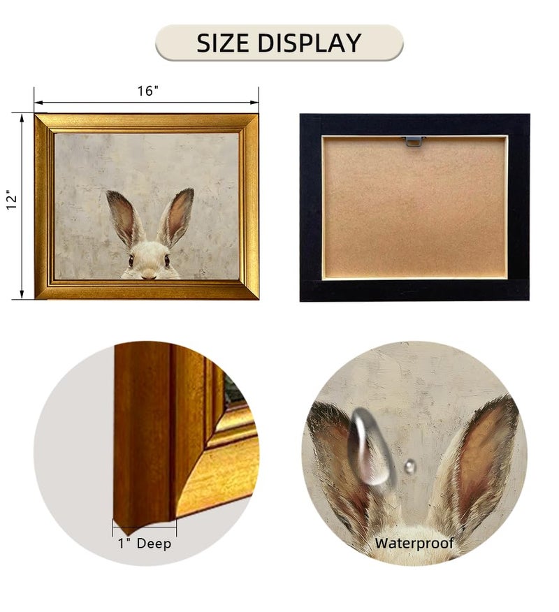 AIANHUA Vintage Gold Framed Easter Bunny Canvas Wall Art Muted Spring Rabbit Oil Painting Neutral Canvas Print Artwork for Kids Room Bedroom Living Room Home Decor - Image 2