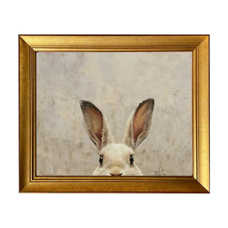 AIANHUA Vintage Gold Framed Easter Bunny Canvas Wall Art Muted Spring Rabbit Oil Painting Neutral Canvas Print Artwork for Kids Room Bedroom Living Room Home Decor - Image 1