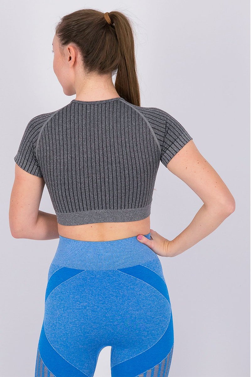 XOXO Women Stripe Short Sleeve Crop Sportswear, Heather Grey - Image 3