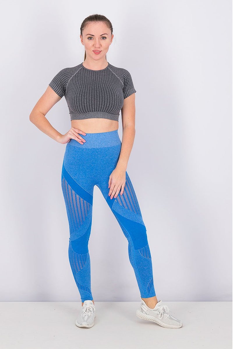 XOXO Women Stripe Short Sleeve Crop Sportswear, Heather Grey - Image 2