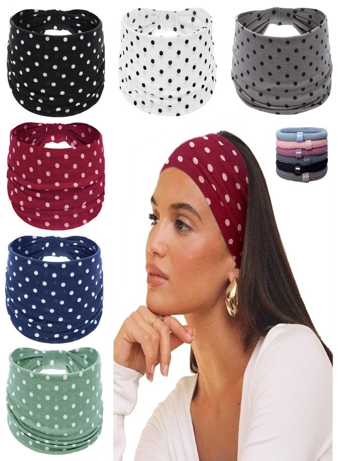KU Wide Headbands for Women Non Slip 6 Pack Soft Elastic Hair Bands Sports Yoga Running Gym Workout Knotted Head Wraps, Cotton Cloth African Turbans Solid Color Bandana-With 6 Pcs Hair Ties - Image 1