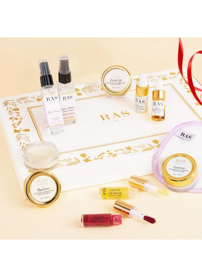 RAS LUXURY OILS - 10-Piece Glow Essentials Miniature Set | Helps Cleanse, Brighten & Calms Skin | Keeps Skin Nourished & Hydrated | Contains Rice Powder, 24-K Gold, Aloe & Niacinamide, Pack Of 10 - Image 1