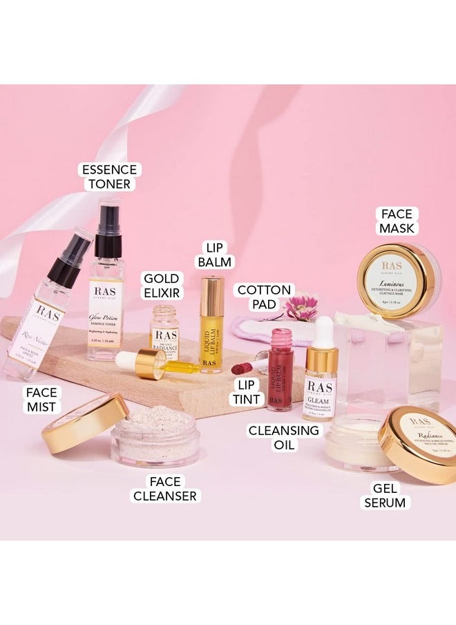RAS LUXURY OILS - 10-Piece Glow Essentials Miniature Set | Helps Cleanse, Brighten & Calms Skin | Keeps Skin Nourished & Hydrated | Contains Rice Powder, 24-K Gold, Aloe & Niacinamide, Pack Of 10 - Image 1