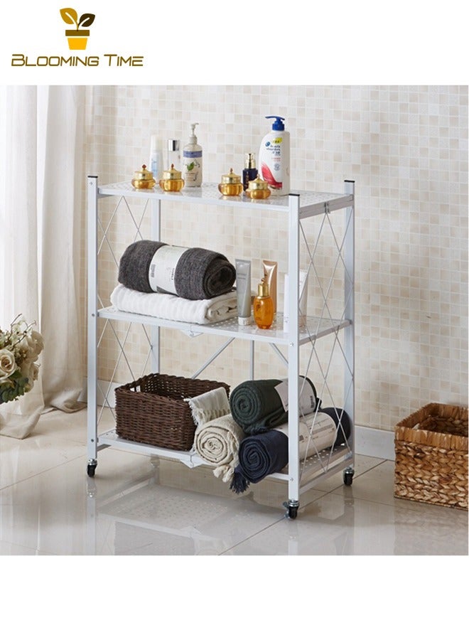 BLOOMING TIME 3-Layer Foldable Storage Rack, White With Universal Wheels, Space-Saving, Multifunctional Kitchen Bathroom Bedroom Storage Rack, Household Lightweight Mobile Storage Rack, White  - Image 1