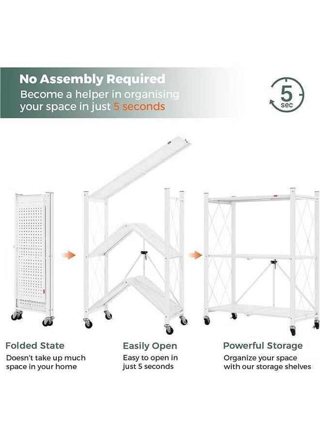 BLOOMING TIME 3-Layer Foldable Storage Rack, White With Universal Wheels, Space-Saving, Multifunctional Kitchen Bathroom Bedroom Storage Rack, Household Lightweight Mobile Storage Rack, White  - Image 2