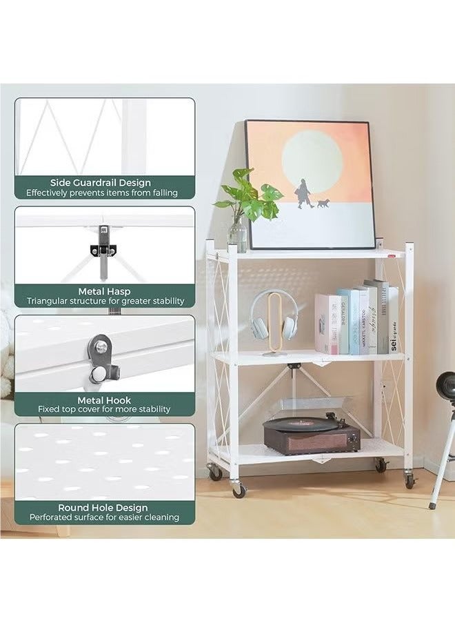 BLOOMING TIME 3-Layer Foldable Storage Rack, White With Universal Wheels, Space-Saving, Multifunctional Kitchen Bathroom Bedroom Storage Rack, Household Lightweight Mobile Storage Rack, White  - Image 3