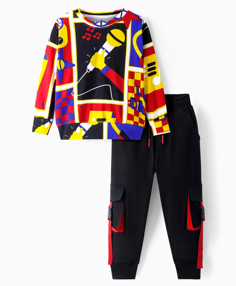 Ollington St. Ollington St. 100% Cotton Knit Full Sleeves Printed Sweatshirt and Joggers Set - Multicolor