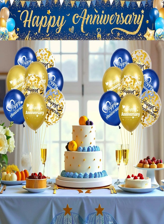Wayyogh Happy Anniversary Banner Decorations Navy Blue Gold Happy Anniversary Yard Banner Sign with 18pcs Happy Anniversary Balloons Confetti Set for Men Women Wedding Party Supplies Decor - Image 2