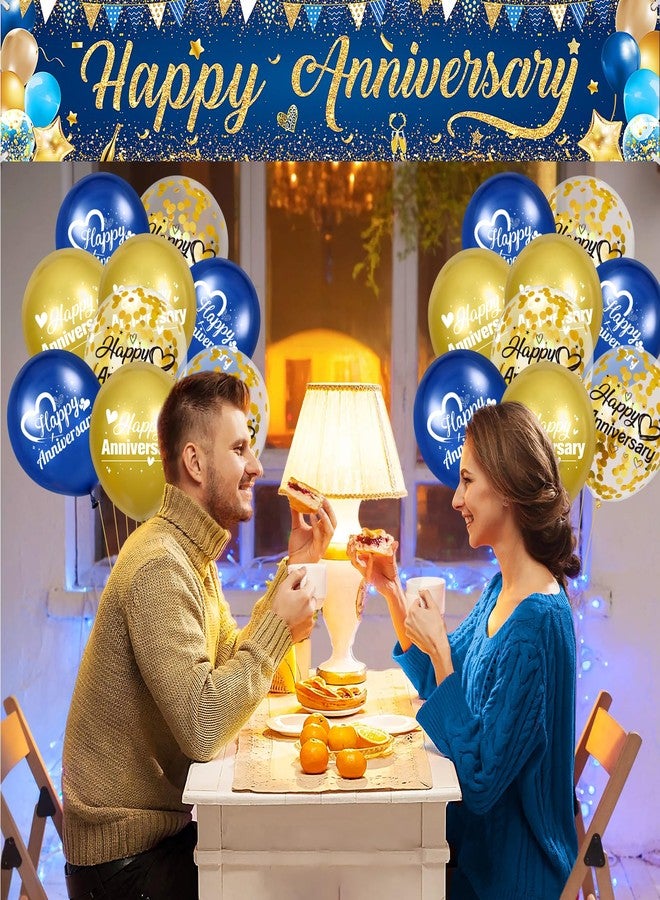 Wayyogh Happy Anniversary Banner Decorations Navy Blue Gold Happy Anniversary Yard Banner Sign with 18pcs Happy Anniversary Balloons Confetti Set for Men Women Wedding Party Supplies Decor - Image 4