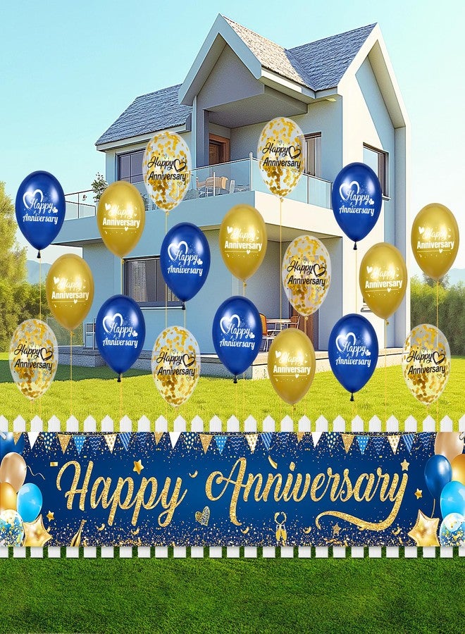 Wayyogh Happy Anniversary Banner Decorations Navy Blue Gold Happy Anniversary Yard Banner Sign with 18pcs Happy Anniversary Balloons Confetti Set for Men Women Wedding Party Supplies Decor - Image 3