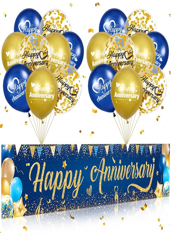 Wayyogh Happy Anniversary Banner Decorations Navy Blue Gold Happy Anniversary Yard Banner Sign with 18pcs Happy Anniversary Balloons Confetti Set for Men Women Wedding Party Supplies Decor - Image 1