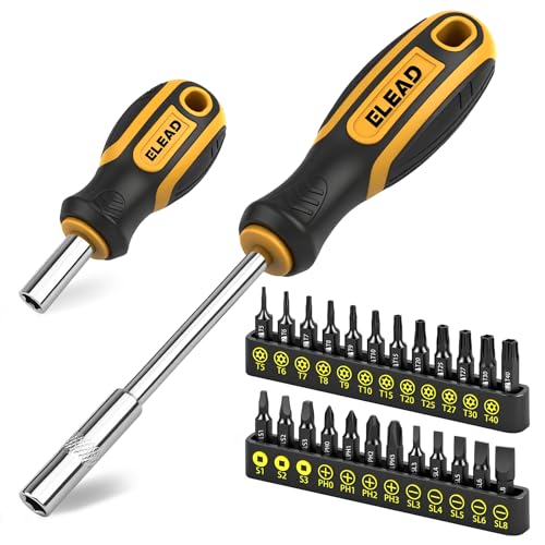 ELEAD 26-Piece Magnetic Security Torx Screwdriver Bit Set - 1/4 inch Magnetic Bit Driver, T5-T40, Ergonomic Cushion Grip 95mm & 210mm Handles, Torx, Square, Phillips, Slotted Bits - Image 1