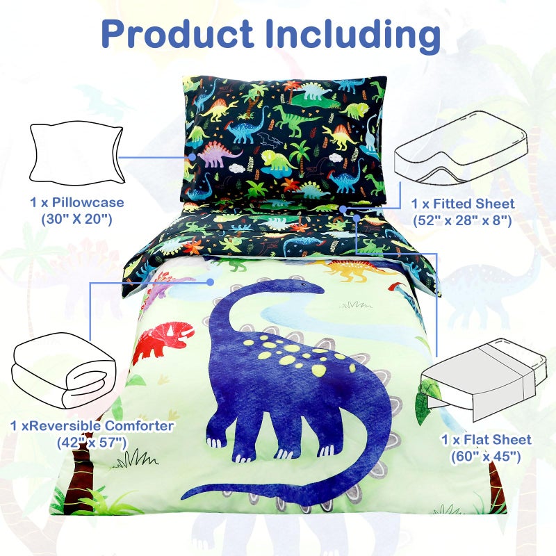 DAYEEBALL 4 Piece Toddler Bedding Set, Ultra Soft and Breathable Cartoon Dinosaur Toddler Comforter Sets for Boys Includes Quilted Comforter, Fitted Sheet, Flat Sheet and Pillowcase - Image 4