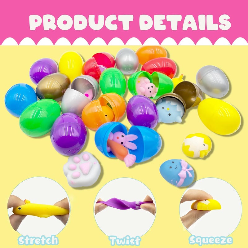 CHHOEAV 24 Pack Easter Mochi Squishy Toys Filled Easter Eggs, Plastic Easter Eggs Filled with Easter Squishy Toys for Eggs Hunt, Gifts for Kids Boys Girls Party Favors, Easter Basket Stuffers - Image 3