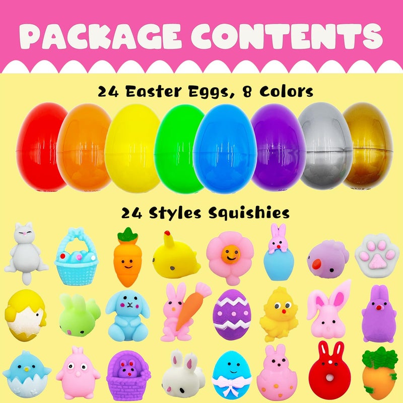 CHHOEAV 24 Pack Easter Mochi Squishy Toys Filled Easter Eggs, Plastic Easter Eggs Filled with Easter Squishy Toys for Eggs Hunt, Gifts for Kids Boys Girls Party Favors, Easter Basket Stuffers - Image 4