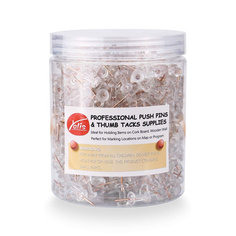 Yalis Push Pins 600 Count Standard Rose Gold Pins Clear Thumb Tacks Steel Point and Clear Plastic Head Rose Gold