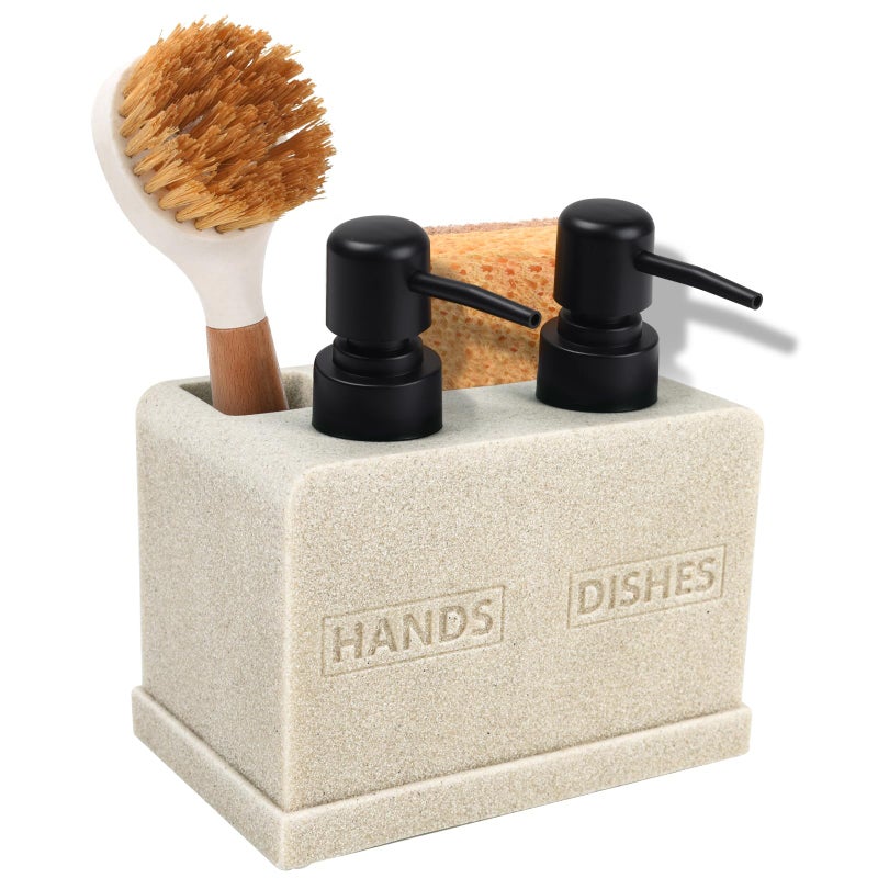 Deobath Hand and Dish Soap Dispenser Set for Kitchen Sink,Dual Soap Dispenser with Sponge Caddy and Brush Holder 4-in-1 Countertop Organizer for Kitchen Bathroom,Useful Kitchen Gadgets-Beige - Image 1