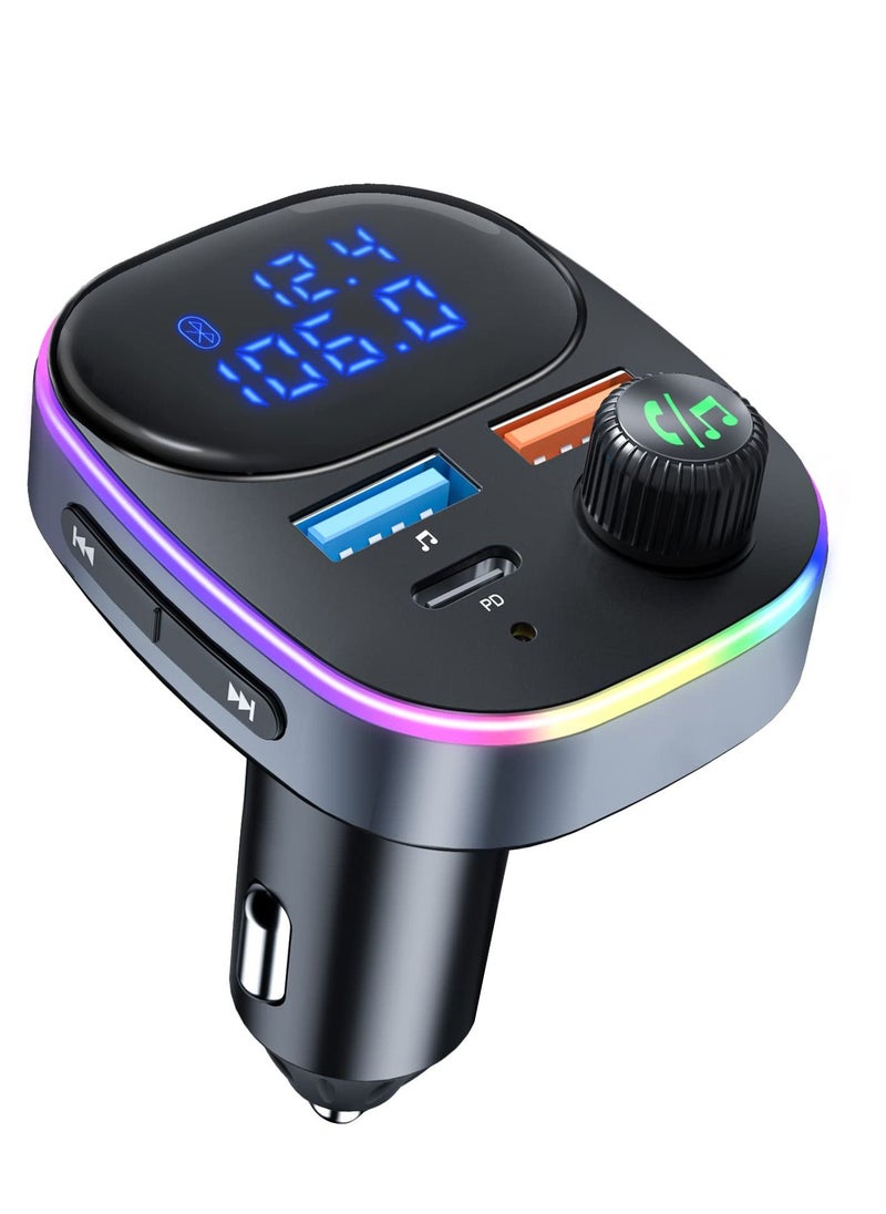 SYOSI - Newest Bluetooth V5.3 FM Transmitter, Bluetooth Car Transmitter Car Radio Transmitter Hands Free Car Kit MP3 Player QC3.0 PD3.0 Car Charger with LED Display Support USB Drive Colorful Light - Image 1