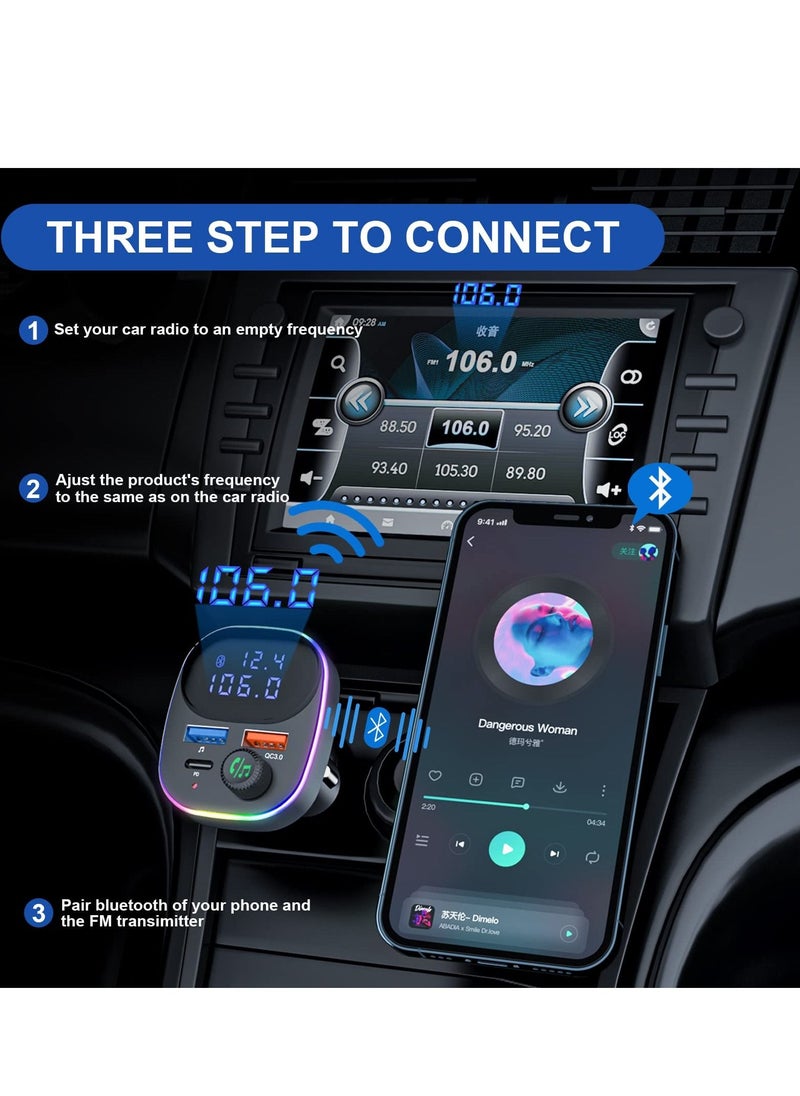 SYOSI - Newest Bluetooth V5.3 FM Transmitter, Bluetooth Car Transmitter Car Radio Transmitter Hands Free Car Kit MP3 Player QC3.0 PD3.0 Car Charger with LED Display Support USB Drive Colorful Light - Image 1