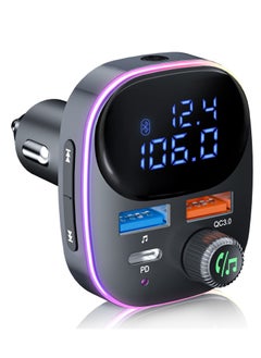 Newest Bluetooth V5.3 FM Transmitter, Bluetooth Car Transmitter Car Radio Transmitter Hands Free Car Kit MP3 Player QC3.0 PD3.0 Car Charger with LED Display Support USB Drive Colorful Light