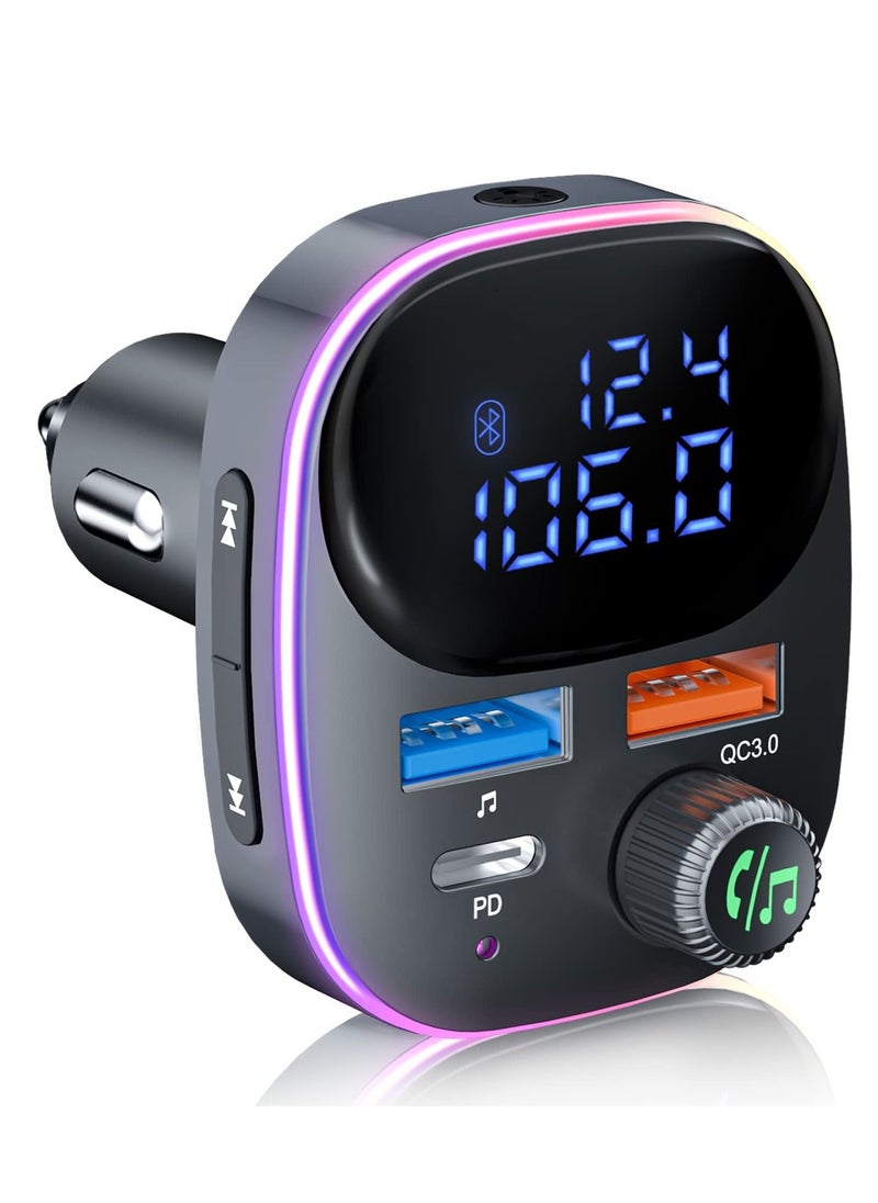 SYOSI - Newest Bluetooth V5.3 FM Transmitter, Bluetooth Car Transmitter Car Radio Transmitter Hands Free Car Kit MP3 Player QC3.0 PD3.0 Car Charger with LED Display Support USB Drive Colorful Light - Image 1