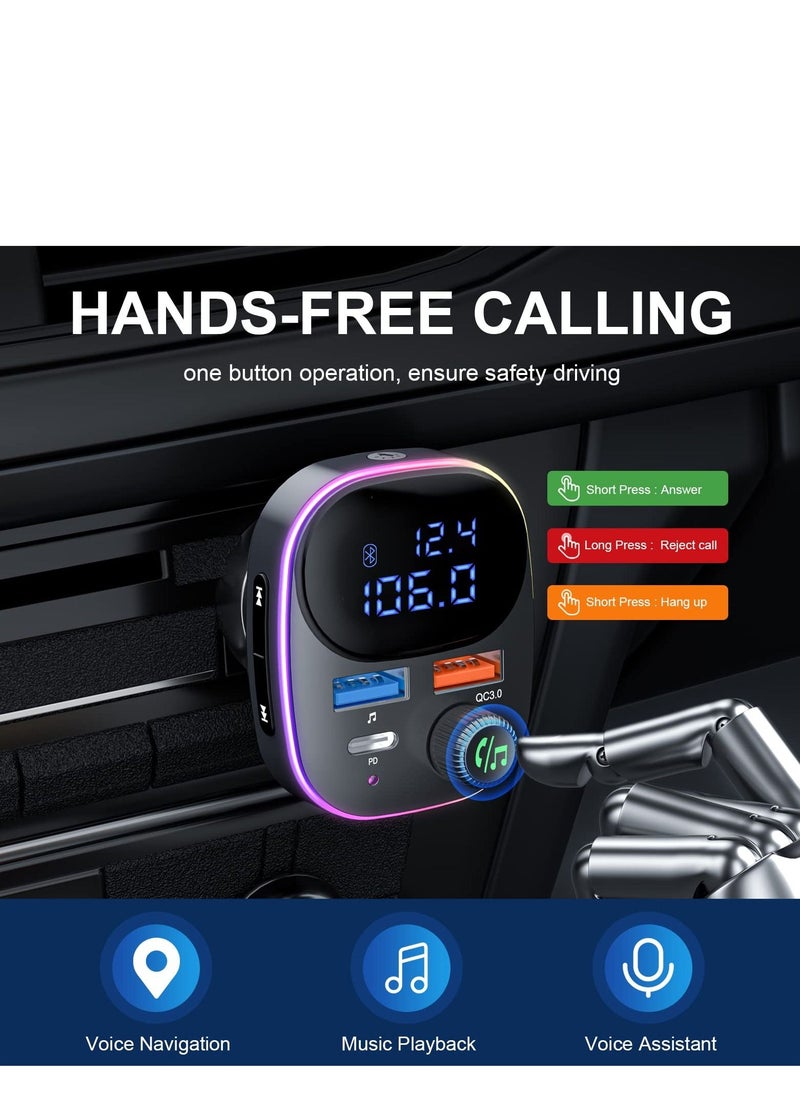 SYOSI - Newest Bluetooth V5.3 FM Transmitter, Bluetooth Car Transmitter Car Radio Transmitter Hands Free Car Kit MP3 Player QC3.0 PD3.0 Car Charger with LED Display Support USB Drive Colorful Light - Image 1