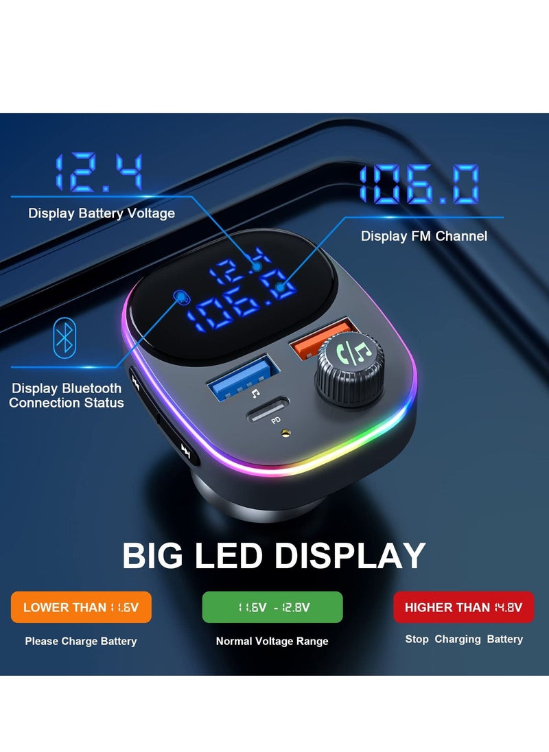 SYOSI - Newest Bluetooth V5.3 FM Transmitter, Bluetooth Car Transmitter Car Radio Transmitter Hands Free Car Kit MP3 Player QC3.0 PD3.0 Car Charger with LED Display Support USB Drive Colorful Light - Image 1